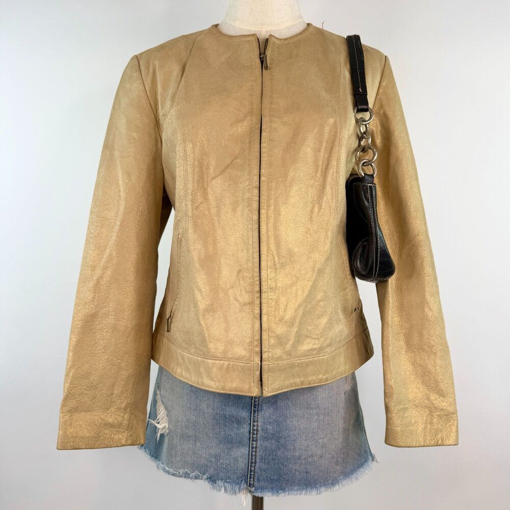 Vintage I.E Genuine Leather Motorcycle Gold Metallic Zip Up Jacket Y2K Size PL